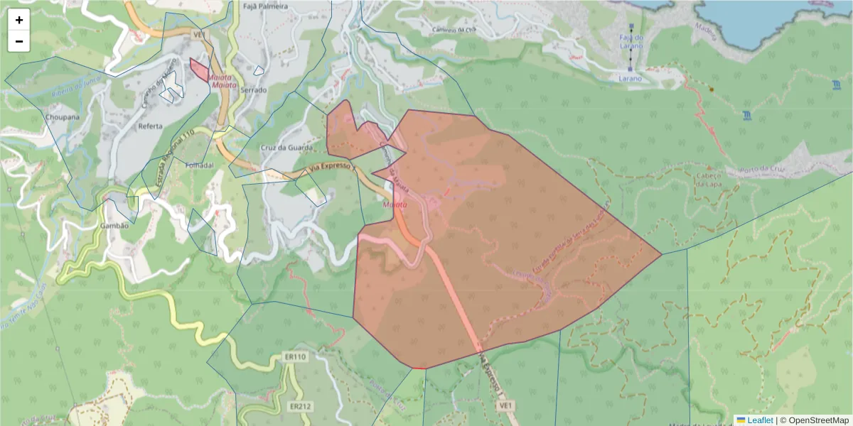 Mapa detalhado do código postal 9225-200 com limites, códigos postais vizinhos e agências dos correios