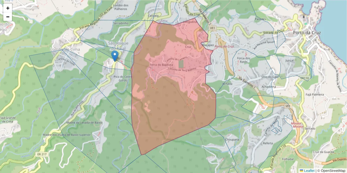 Mapa detalhado do código postal 9225-250 com limites, códigos postais vizinhos e agências dos correios