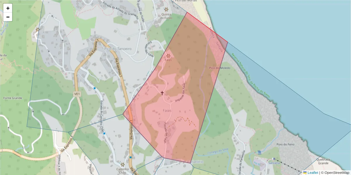 Mapa detalhado do código postal 9230-094 com limites, códigos postais vizinhos e agências dos correios