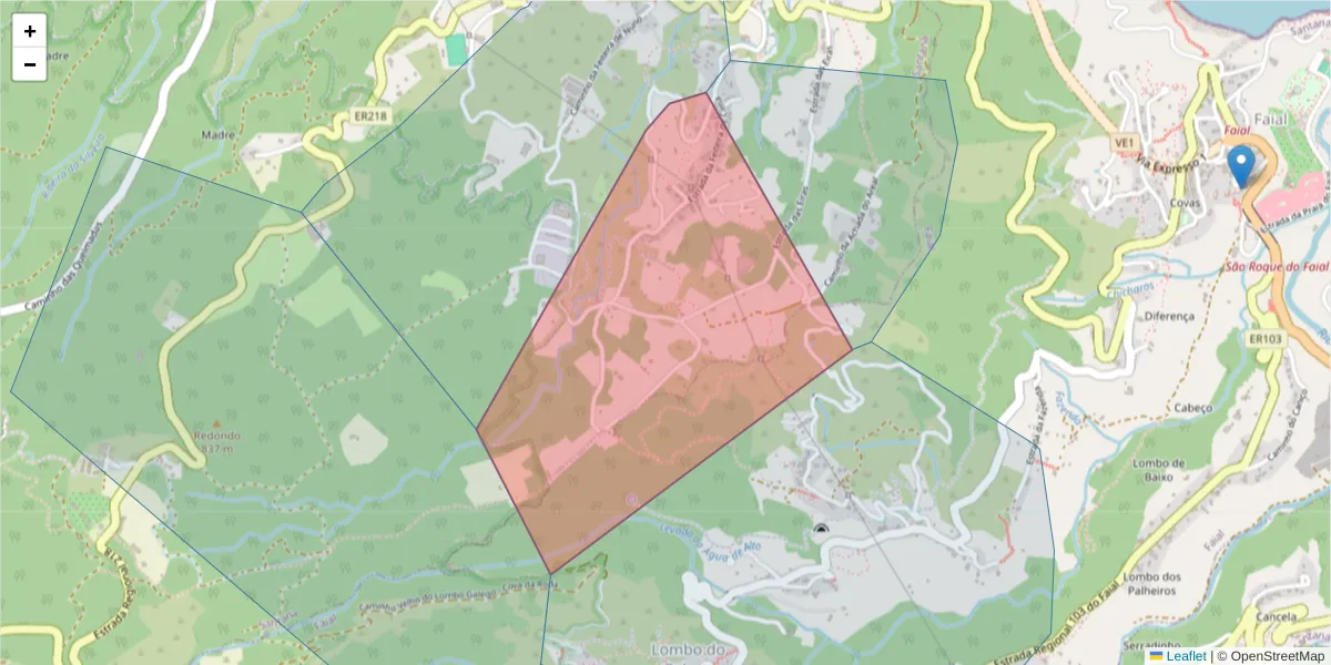 Mapa detalhado do código postal 9230-096 com limites, códigos postais vizinhos e agências dos correios