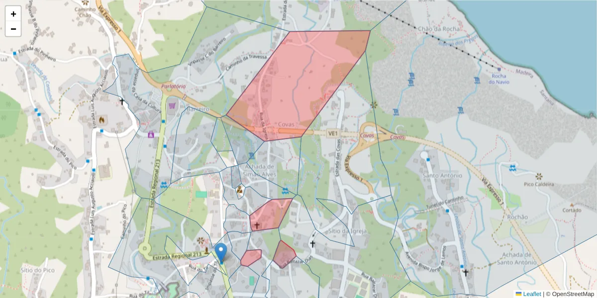 Mapa detalhado do código postal 9230-100 com limites, códigos postais vizinhos e agências dos correios