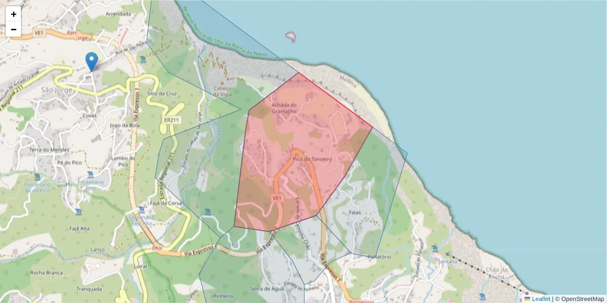 Mapa detalhado do código postal 9230-110 com limites, códigos postais vizinhos e agências dos correios