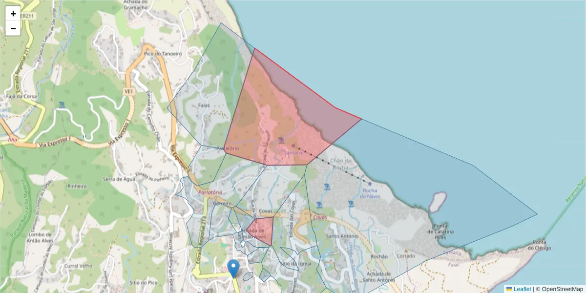 Mapa detalhado do código postal 9230-125 com limites, códigos postais vizinhos e agências dos correios