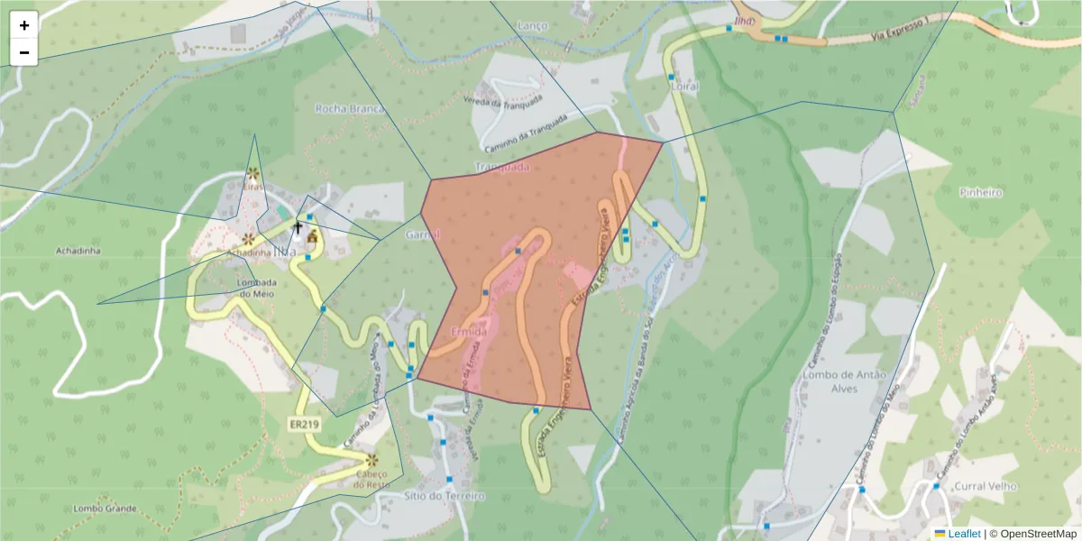 Mapa detalhado do código postal 9230-233 com limites, códigos postais vizinhos e agências dos correios