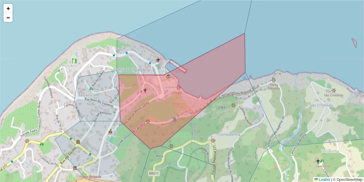 Mapa detalhado do código postal 9240-121 com limites, códigos postais vizinhos e agências dos correios