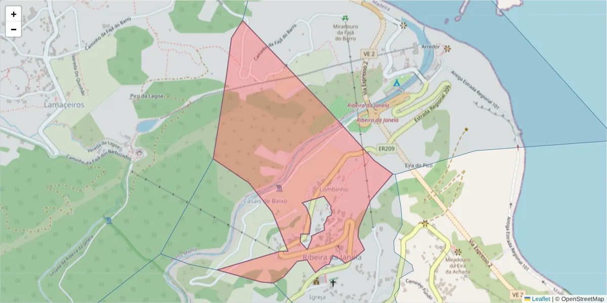 Mapa detalhado do código postal 9270-102 com limites, códigos postais vizinhos e agências dos correios