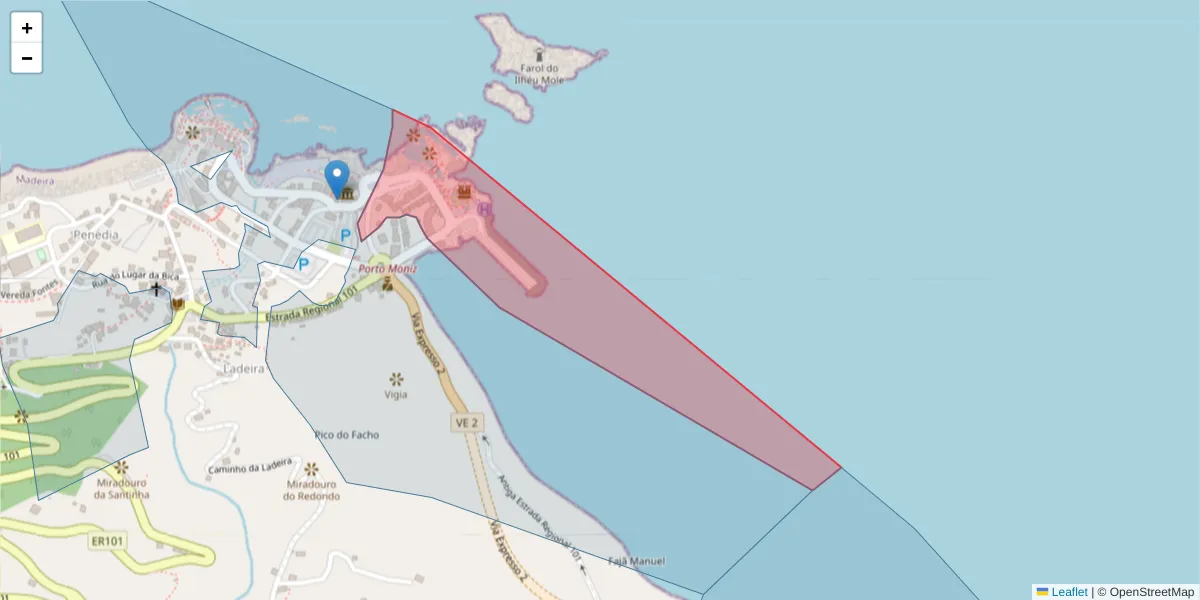 Mapa detalhado do código postal 9270-150 com limites, códigos postais vizinhos e agências dos correios