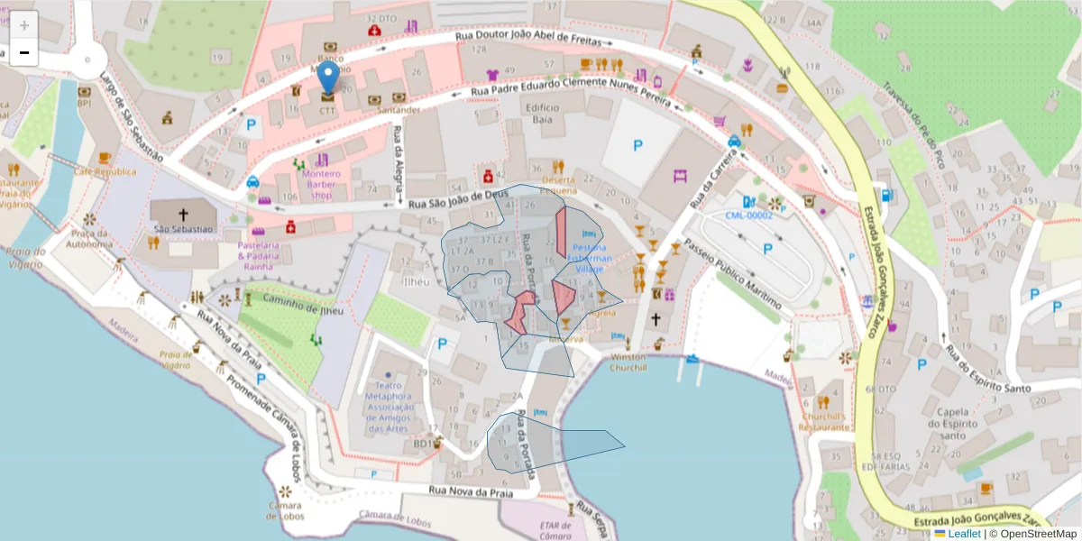 Mapa detalhado do código postal 9300-024 com limites, códigos postais vizinhos e agências dos correios