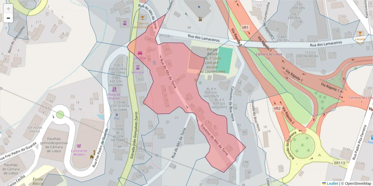 Mapa detalhado do código postal 9300-025 com limites, códigos postais vizinhos e agências dos correios