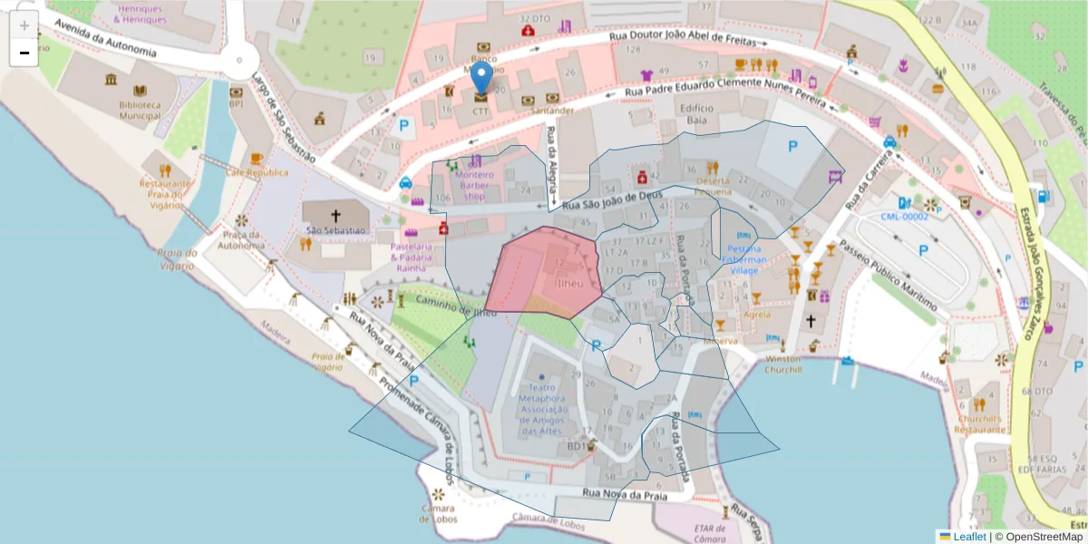Mapa detalhado do código postal 9300-045 com limites, códigos postais vizinhos e agências dos correios