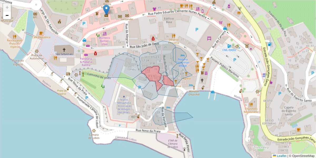 Mapa detalhado do código postal 9300-055 com limites, códigos postais vizinhos e agências dos correios