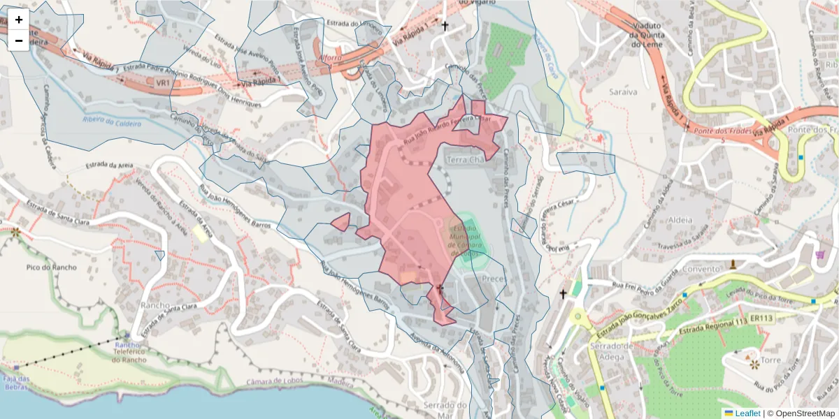 Mapa detalhado do código postal 9300-076 com limites, códigos postais vizinhos e agências dos correios