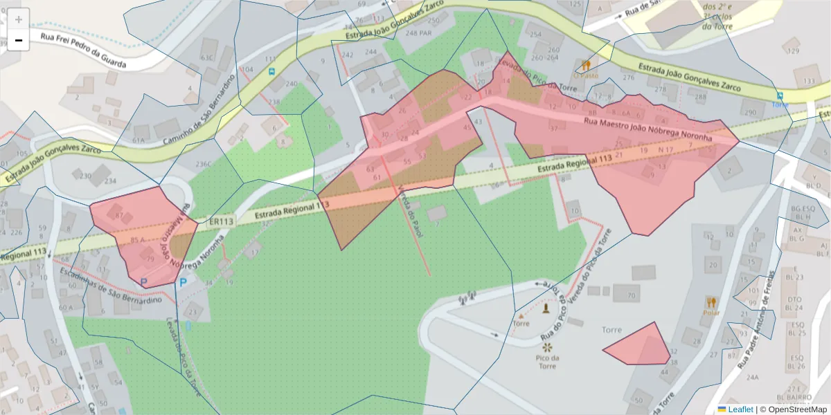 Mapa detalhado do código postal 9300-095 com limites, códigos postais vizinhos e agências dos correios
