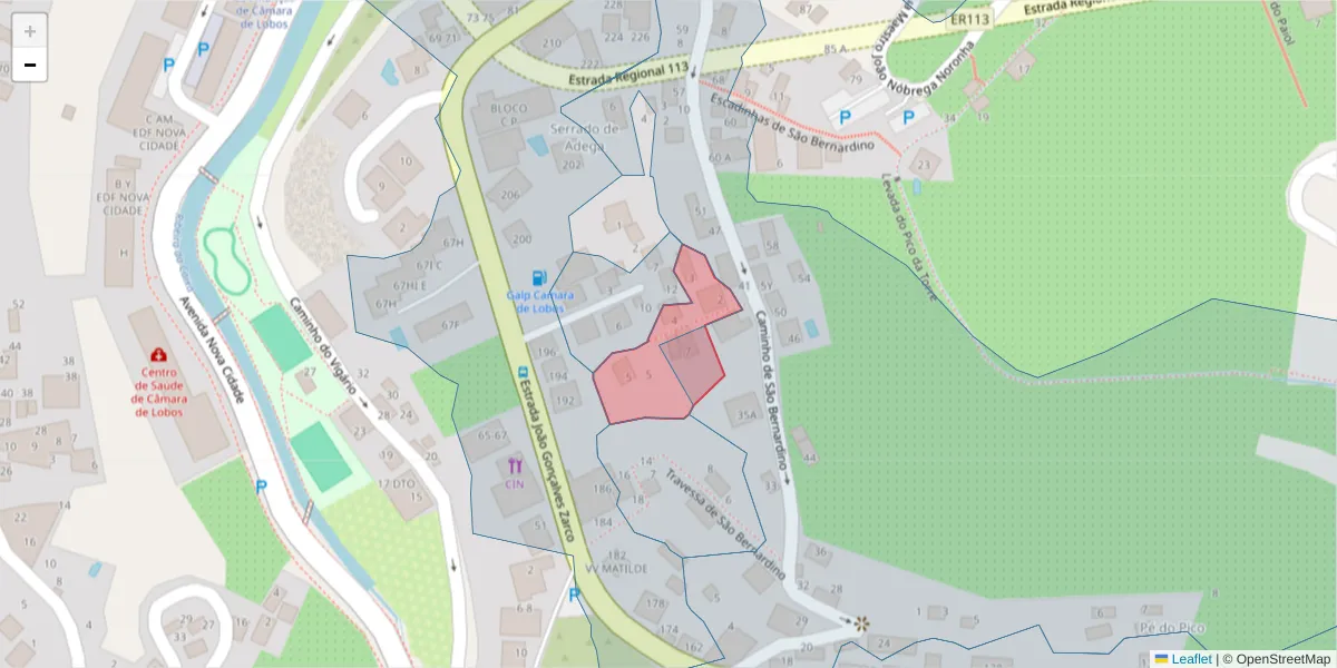 Mapa detalhado do código postal 9300-107 com limites, códigos postais vizinhos e agências dos correios