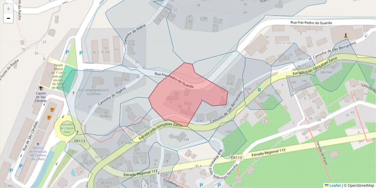 Mapa detalhado do código postal 9300-111 com limites, códigos postais vizinhos e agências dos correios
