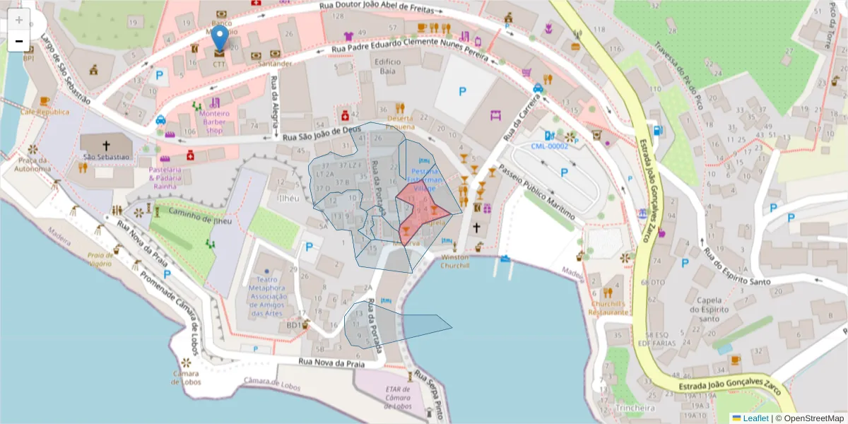 Mapa detalhado do código postal 9300-143 com limites, códigos postais vizinhos e agências dos correios