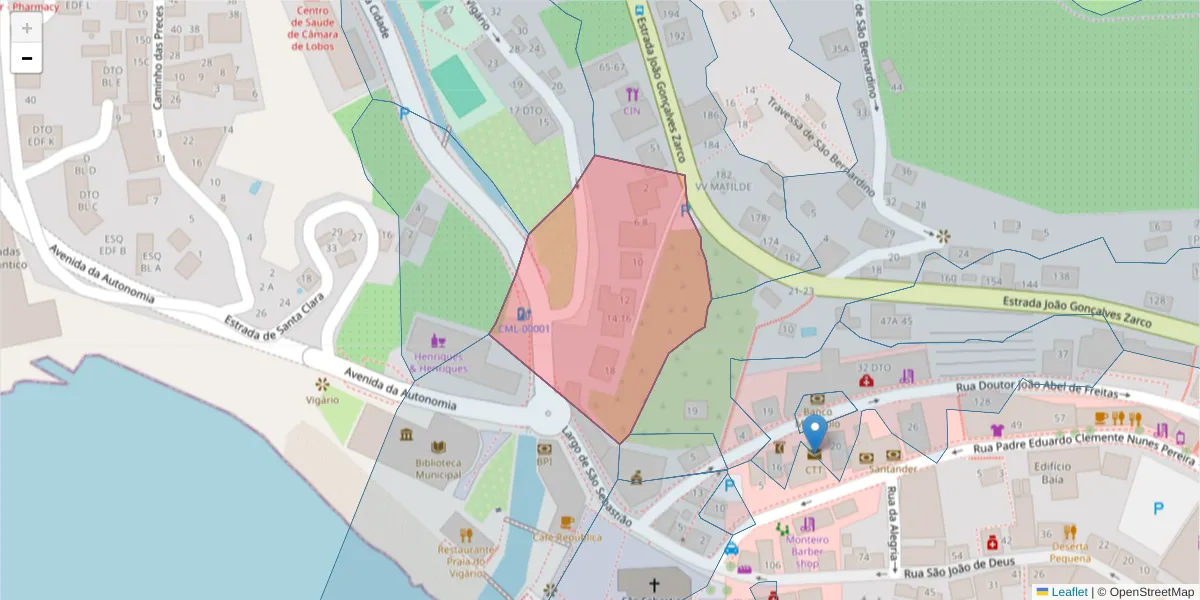 Mapa detalhado do código postal 9300-153 com limites, códigos postais vizinhos e agências dos correios