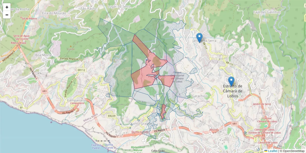 Mapa detalhado do código postal 9300-264 com limites, códigos postais vizinhos e agências dos correios