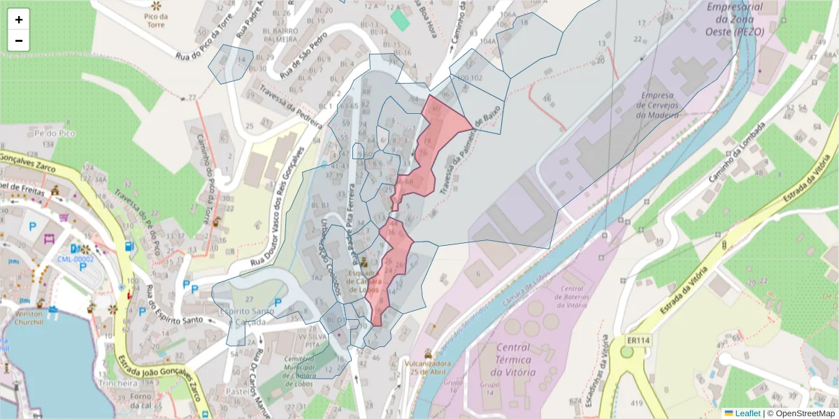 Mapa detalhado do código postal 9300-304 com limites, códigos postais vizinhos e agências dos correios
