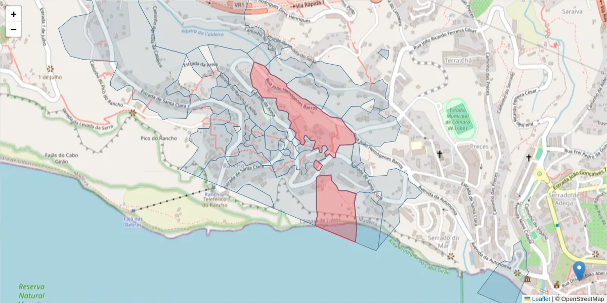 Mapa detalhado do código postal 9300-310 com limites, códigos postais vizinhos e agências dos correios