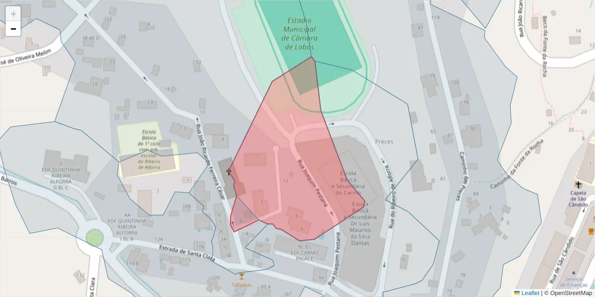 Mapa detalhado do código postal 9300-325 com limites, códigos postais vizinhos e agências dos correios