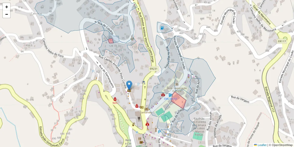 Mapa detalhado do código postal 9325-006 com limites, códigos postais vizinhos e agências dos correios