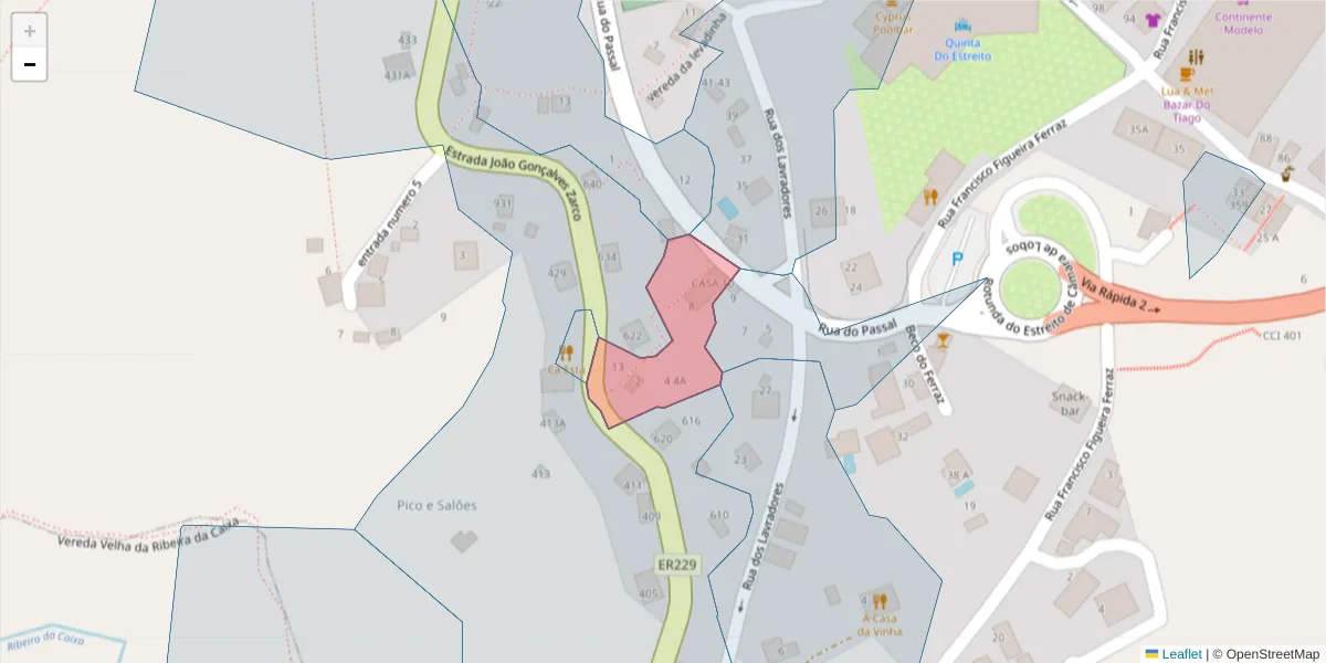Mapa detalhado do código postal 9325-009 com limites, códigos postais vizinhos e agências dos correios