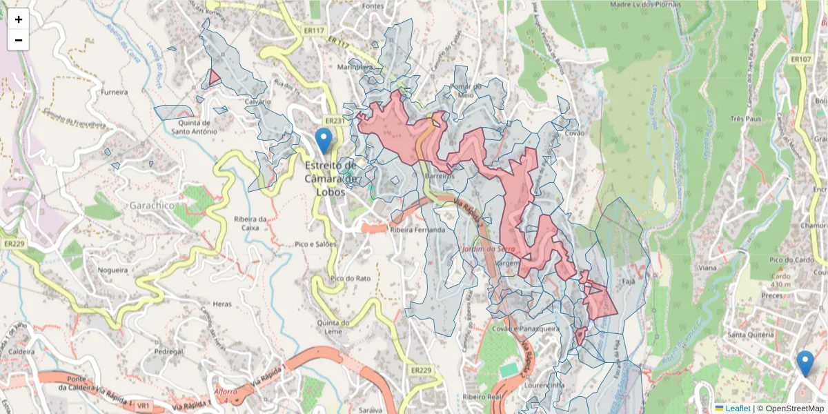 Mapa detalhado do código postal 9325-018 com limites, códigos postais vizinhos e agências dos correios