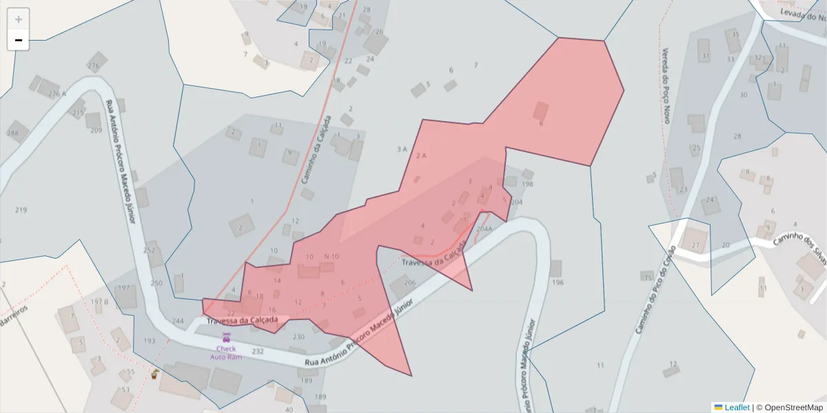 Mapa detalhado do código postal 9325-020 com limites, códigos postais vizinhos e agências dos correios