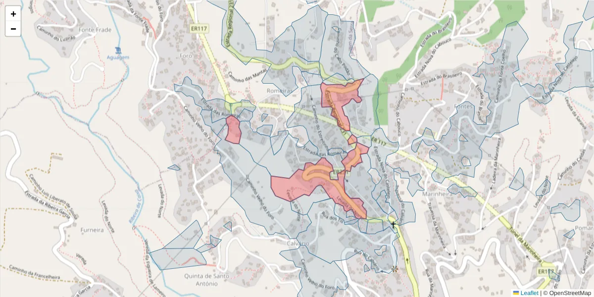 Mapa detalhado do código postal 9325-025 com limites, códigos postais vizinhos e agências dos correios