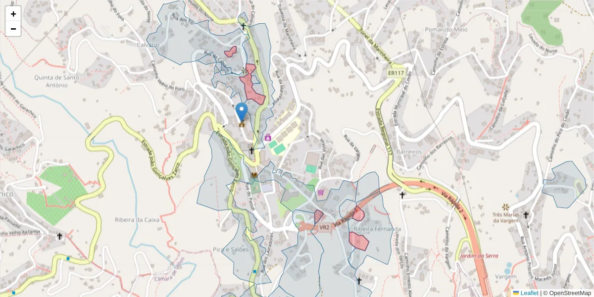 Mapa detalhado do código postal 9325-027 com limites, códigos postais vizinhos e agências dos correios