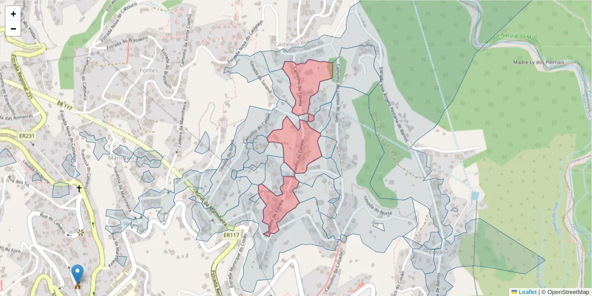 Mapa detalhado do código postal 9325-029 com limites, códigos postais vizinhos e agências dos correios