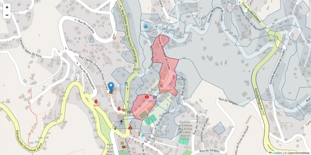 Mapa detalhado do código postal 9325-032 com limites, códigos postais vizinhos e agências dos correios