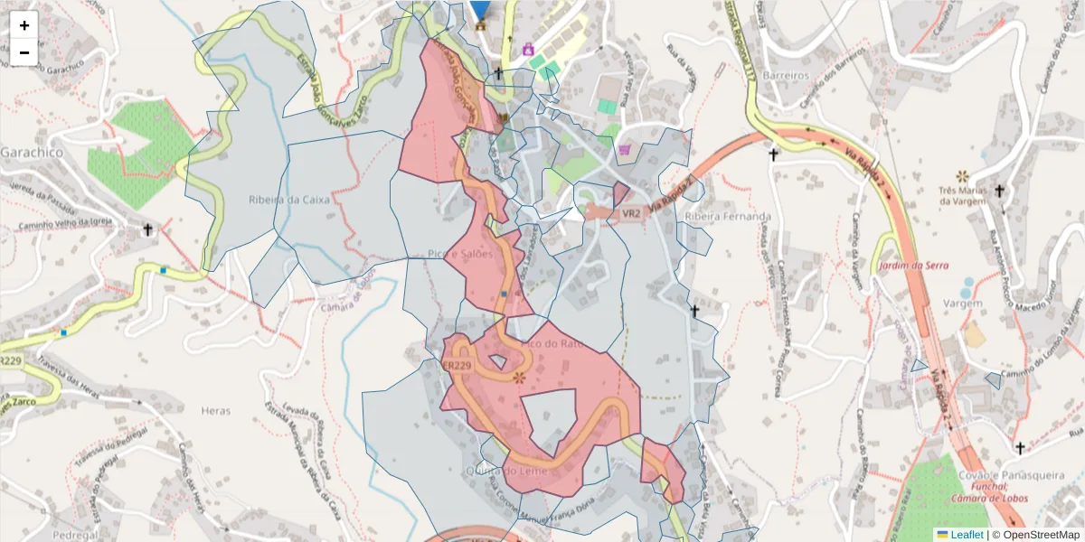 Mapa detalhado do código postal 9325-033 com limites, códigos postais vizinhos e agências dos correios