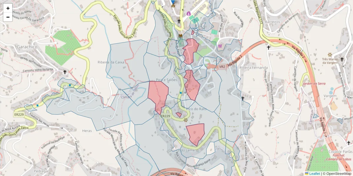 Mapa detalhado do código postal 9325-034 com limites, códigos postais vizinhos e agências dos correios