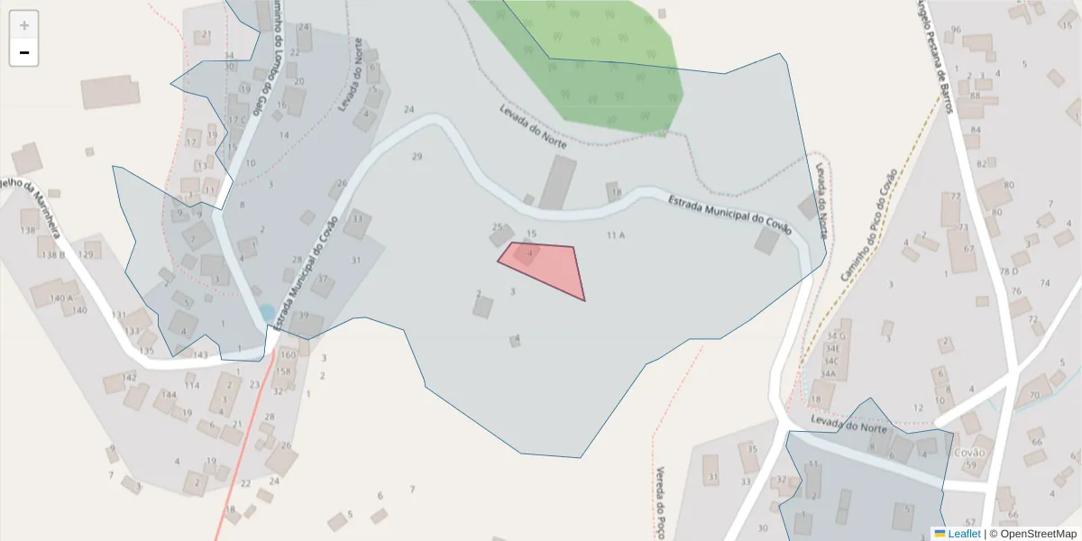 Mapa detalhado do código postal 9325-036 com limites, códigos postais vizinhos e agências dos correios
