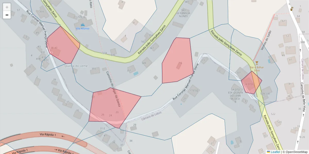 Mapa detalhado do código postal 9325-037 com limites, códigos postais vizinhos e agências dos correios
