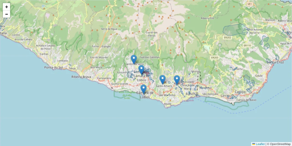Mapa detalhado do código postal 9325-042 com limites, códigos postais vizinhos e agências dos correios