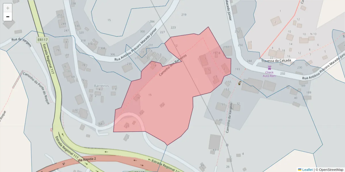 Mapa detalhado do código postal 9325-043 com limites, códigos postais vizinhos e agências dos correios