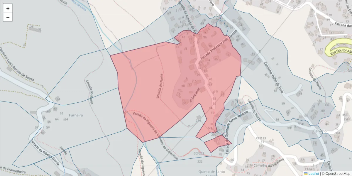 Mapa detalhado do código postal 9325-046 com limites, códigos postais vizinhos e agências dos correios