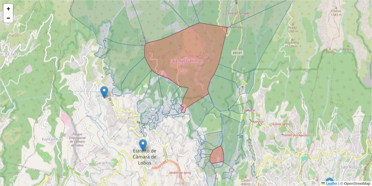 Mapa detalhado do código postal 9325-049 com limites, códigos postais vizinhos e agências dos correios
