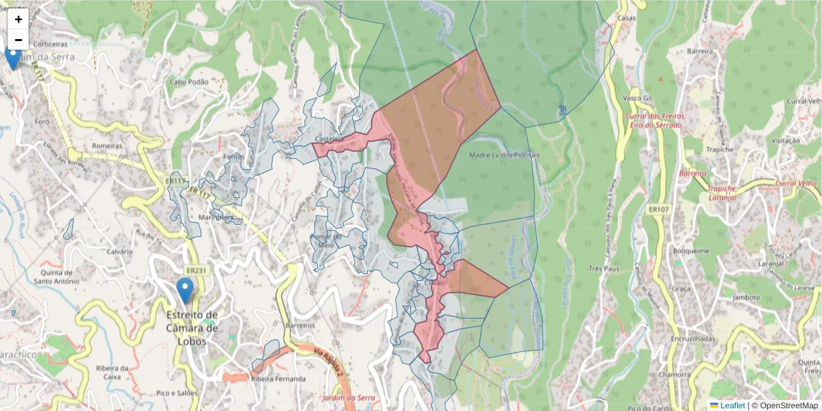 Mapa detalhado do código postal 9325-052 com limites, códigos postais vizinhos e agências dos correios