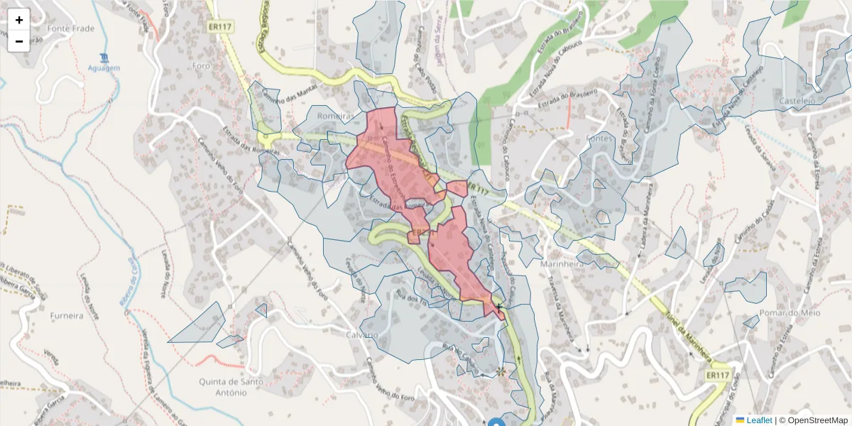 Mapa detalhado do código postal 9325-054 com limites, códigos postais vizinhos e agências dos correios