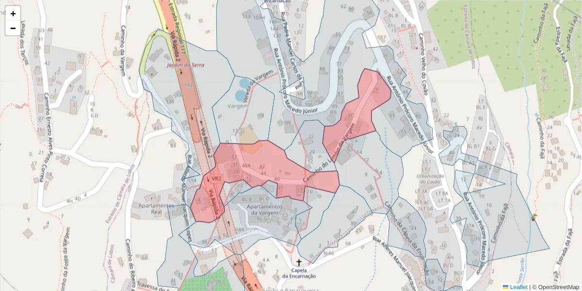Mapa detalhado do código postal 9325-057 com limites, códigos postais vizinhos e agências dos correios