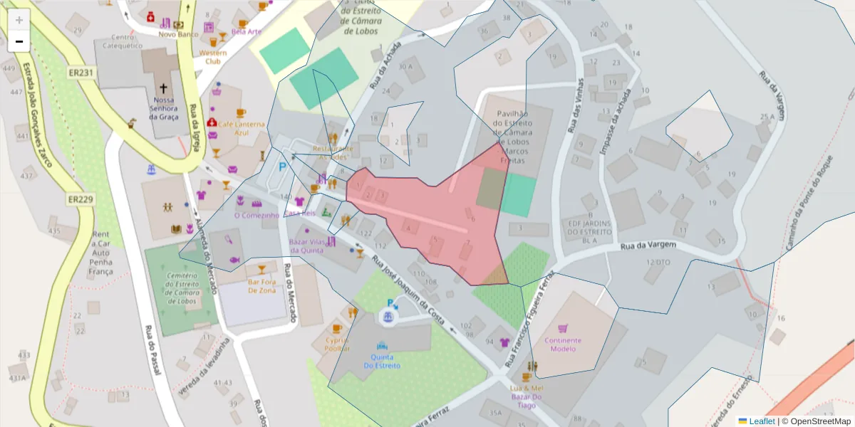 Mapa detalhado do código postal 9325-076 com limites, códigos postais vizinhos e agências dos correios