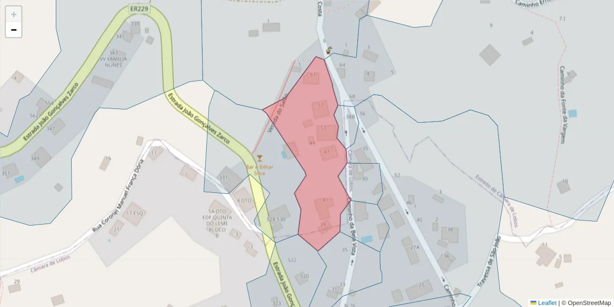 Mapa detalhado do código postal 9325-080 com limites, códigos postais vizinhos e agências dos correios
