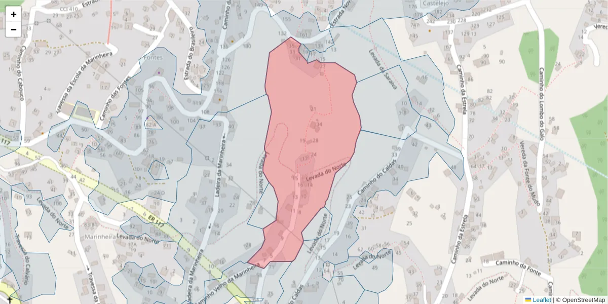 Mapa detalhado do código postal 9325-083 com limites, códigos postais vizinhos e agências dos correios