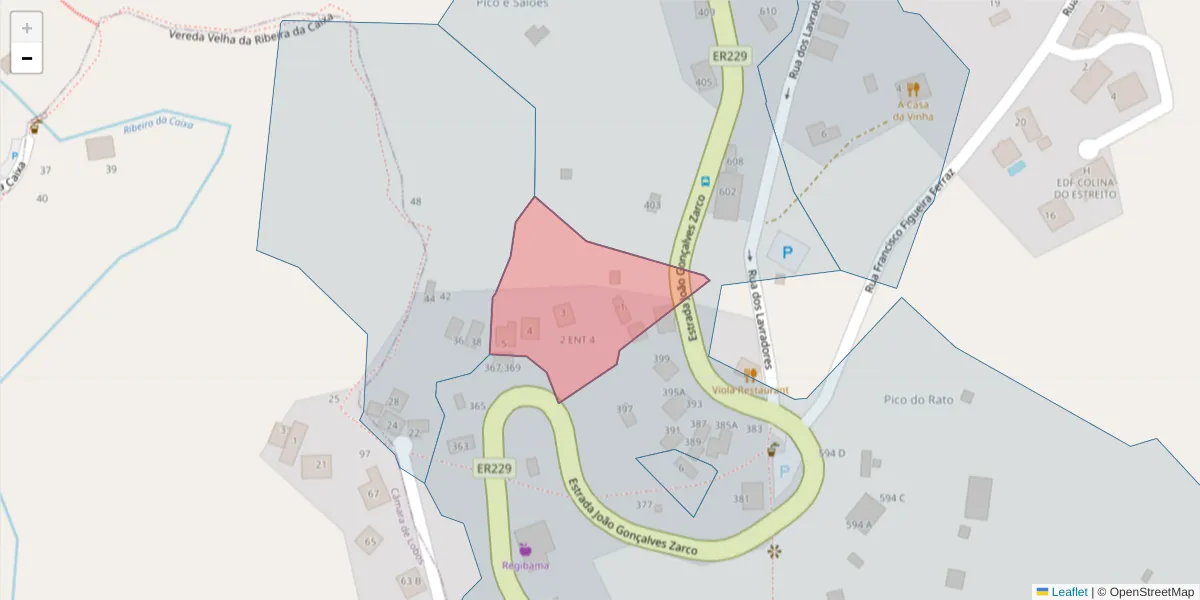 Mapa detalhado do código postal 9325-085 com limites, códigos postais vizinhos e agências dos correios