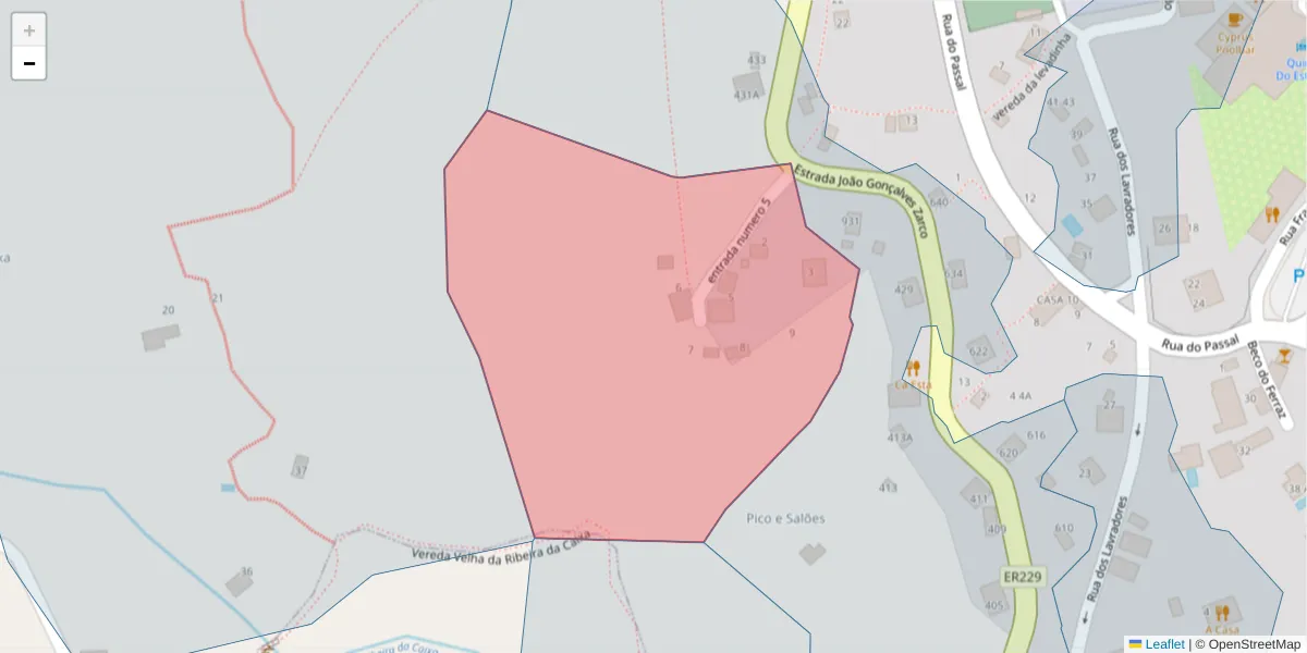 Mapa detalhado do código postal 9325-086 com limites, códigos postais vizinhos e agências dos correios
