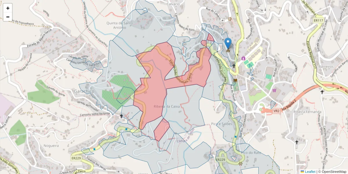 Mapa detalhado do código postal 9325-087 com limites, códigos postais vizinhos e agências dos correios